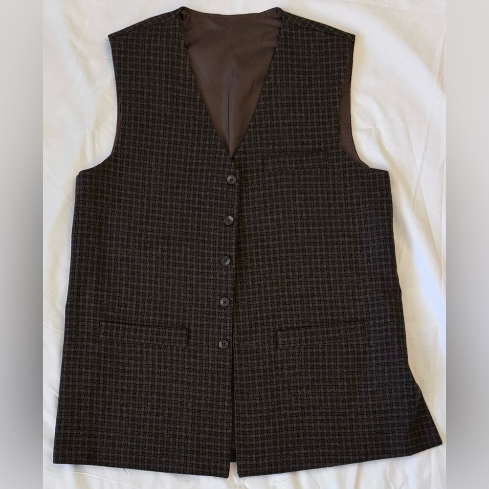 Men's Pakistani Waistcoat Brown/Black Wool Checkered Vest Button-down Front